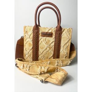 Wrangler Western Tote Bag Tan Denim Patchwork Brown Leather Handles Crossbody